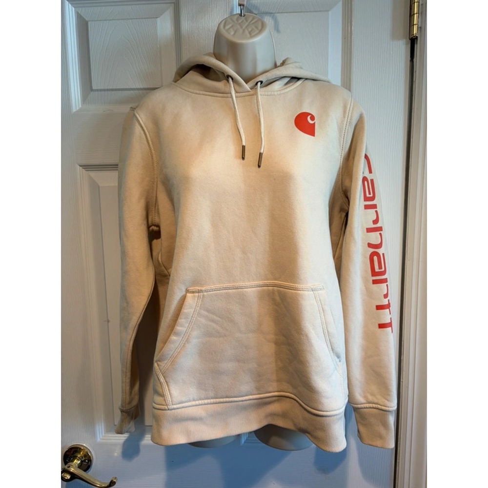 Carhartt Womens Relaxed Fit Hoodie Cream Logo Sleeve‎ Pullover 102791 M 8-10